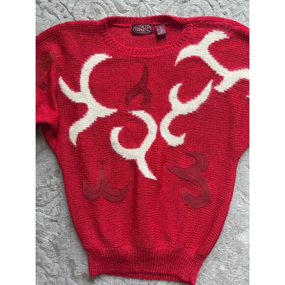 Vintage 90s Women Flame Sweater Red White Abstract Knit Pullover Sz S Bold - Picture 6 of 10
